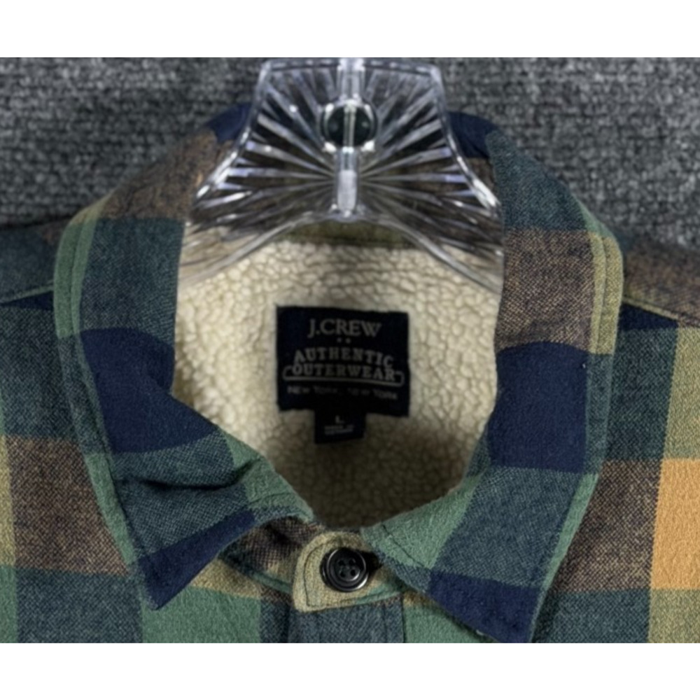 J.Crew BI933 Sherpa Lined Flannel Shirt Jacket Mens L Green Plaid Shacket - Picture 3 of 13